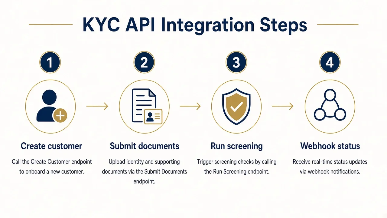 REST KYC API integration steps: create customer, verify identity/documents, screen for AML, receive webhook, decide