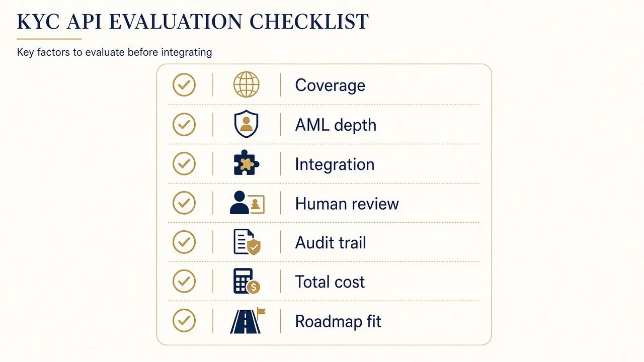 Checklist for evaluating a KYC API: coverage, AML depth, integration, review, audit, cost, roadmap