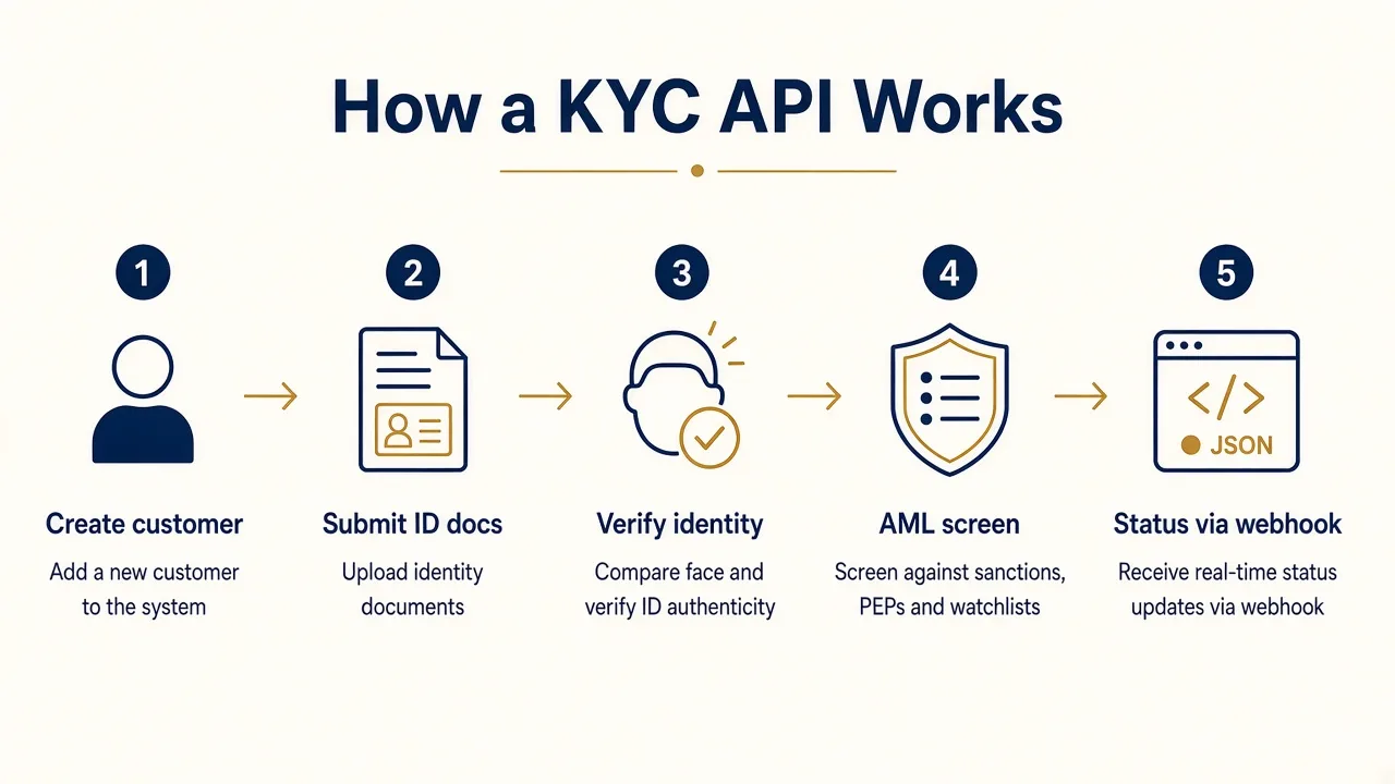 KYC API workflow: create customer, verify documents, screen for AML, return status via API or webhook